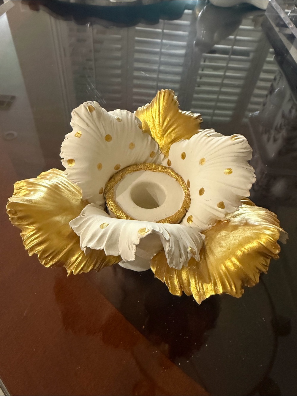 Set of (3) Mackenzie Childs White & Gold Floral Candle Holder - Elegant Home